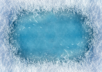 Winter background: close-up of frozen ice with snow crystals and snowflakes. Christmas and Happy...