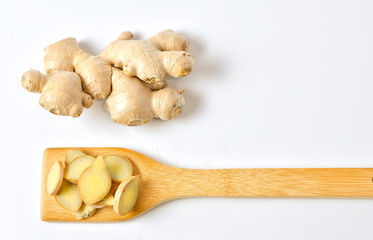 Ginger root on a white background, copy space