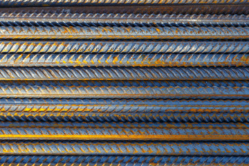 Industrial background. Rebar texture. Rusty rebar for concrete pouring. Steel reinforcement bars. Construction rebar steel work reinforcement. Closeup of Steel rebars.