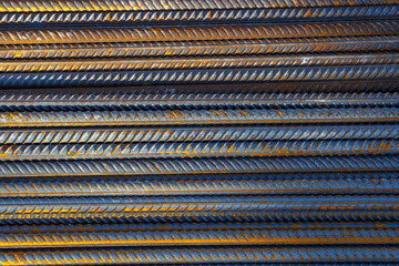 Industrial background. Rebar texture. Rusty rebar for concrete pouring. Steel reinforcement bars. Construction rebar steel work reinforcement. Closeup of Steel rebars.