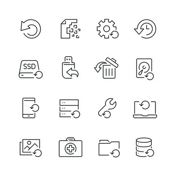Recovery related icons: thin vector icon set, black and white kit
