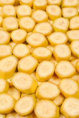 Fresh banana slices background. Top view.