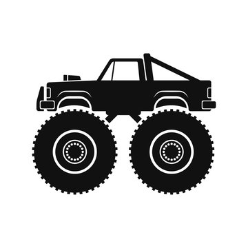 Monster truck icon. Car on big wheels. Vector drawing. Side view. Black silhouette. Isolated object on a white background. Isolate.