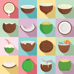 Coconut icons set. Flat set of coconut vector icons for web design