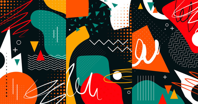 Creative doodle art header with different shapes and textures. Collage. Vector illustration