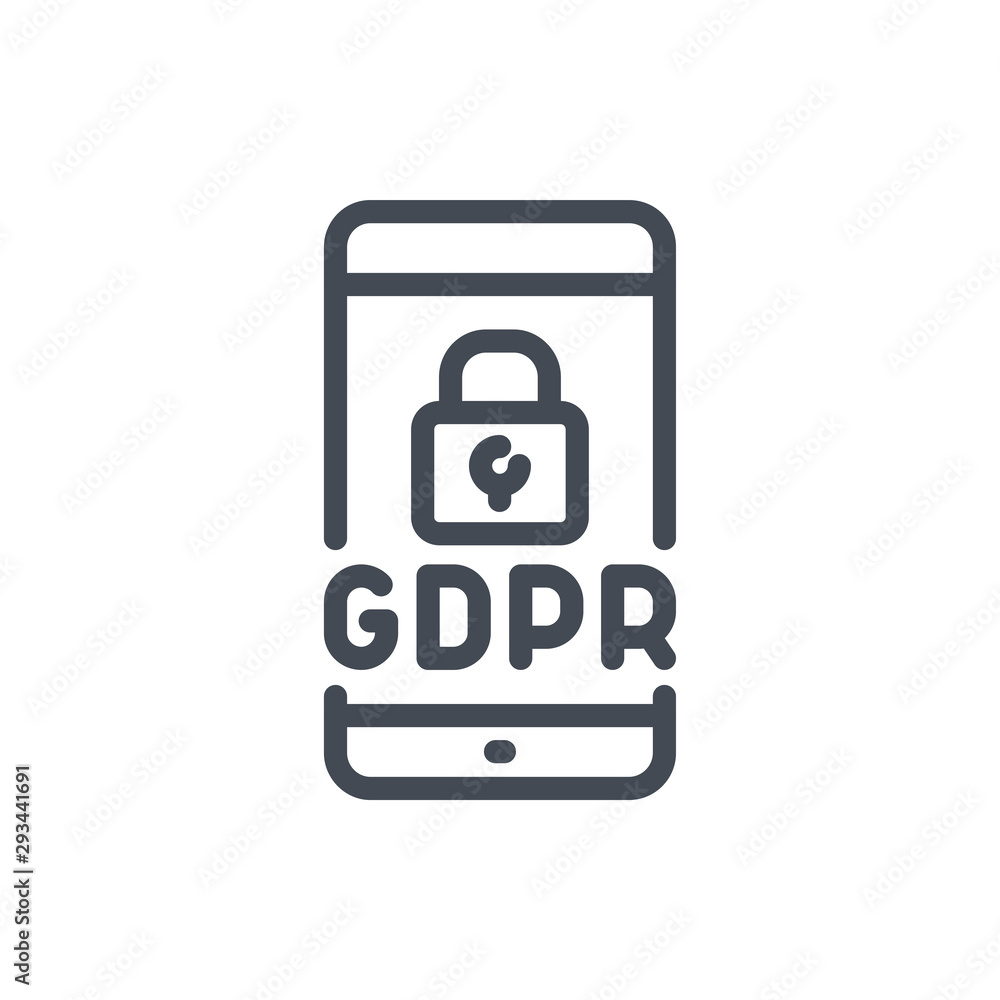 Poster smartphone with gdpr certification line icon. mobile phone with lock and data protection vector outl
