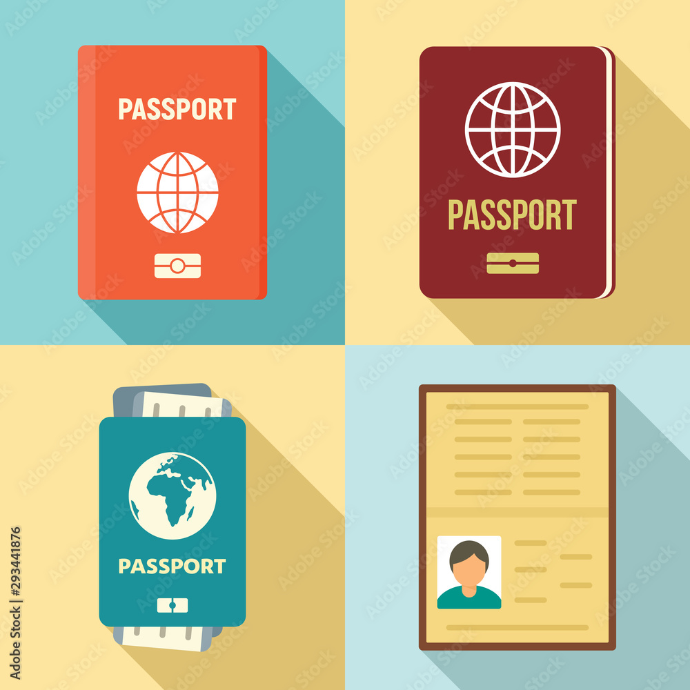 Poster passport icons set. flat set of passport vector icons for web design