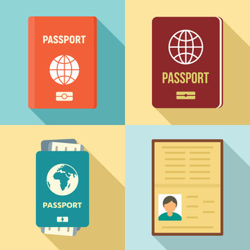 Passport icons set. Flat set of passport vector icons for web design