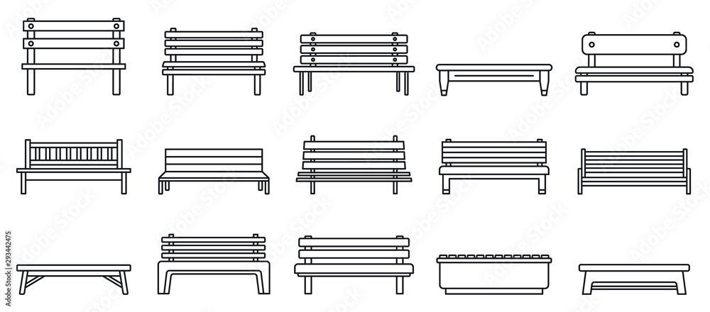 Poster street bench icons set. outline set of street bench vector icons for web design isolated on white ba
