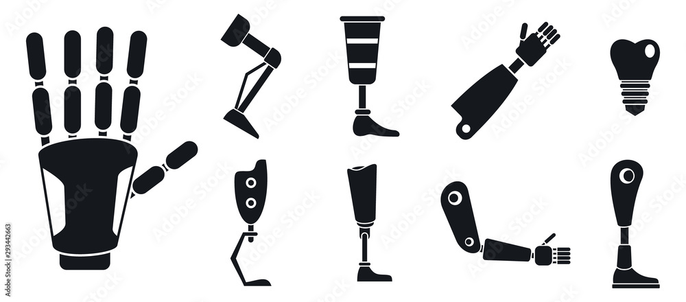 Poster artificial limbs prosthesis icons set. simple set of artificial limbs prosthesis vector icons for we