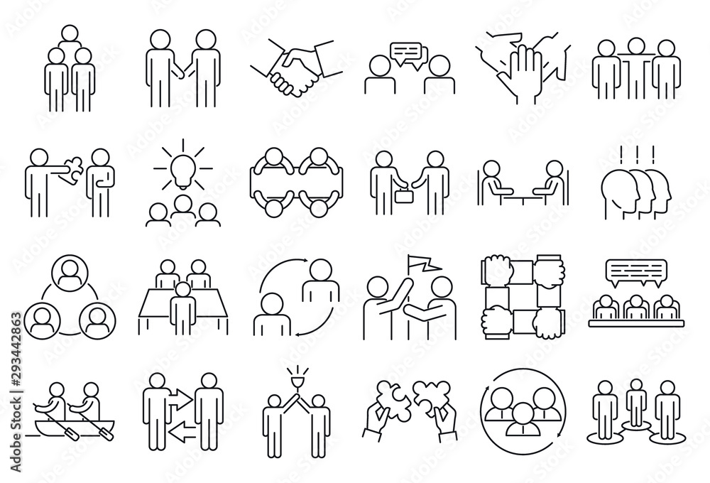 Poster business cooperation icons set. outline set of business cooperation vector icons for web design isol