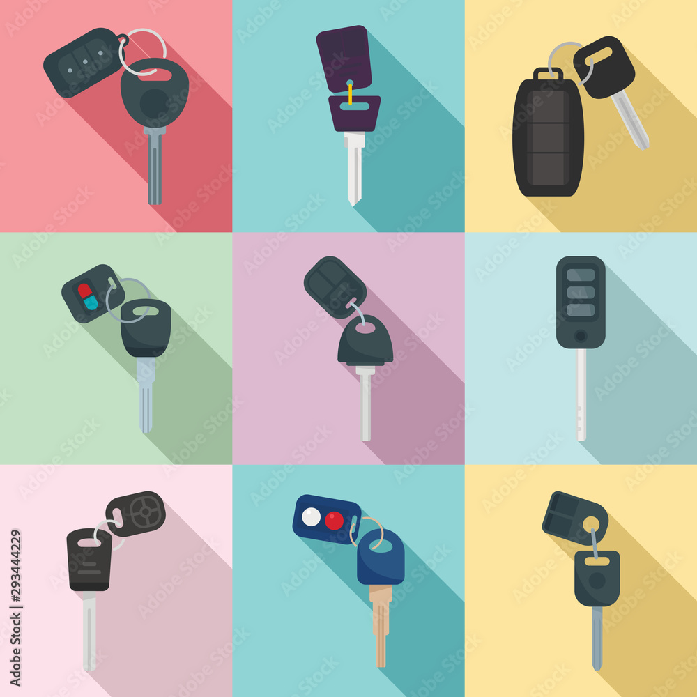 Poster car alarm system icons set. flat set of car alarm system vector icons for web design