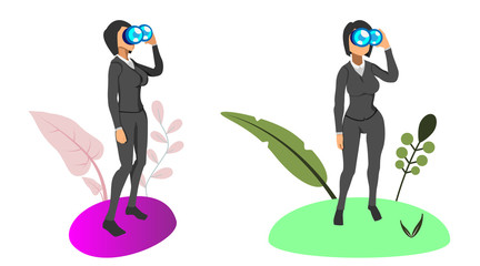 Business women looking through binoculars looking for work. Vector illustration of isolated flat style. character search brochure template. workers are looking forward. Illustration of search theme.
