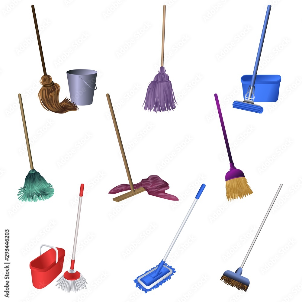 Poster mop icons set. cartoon set of mop vector icons for web design