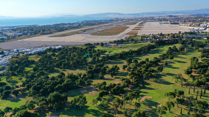 Aerial photo of old abandoned airport of Elliniko no longer in operation in Athens riviera, Attica, Greece