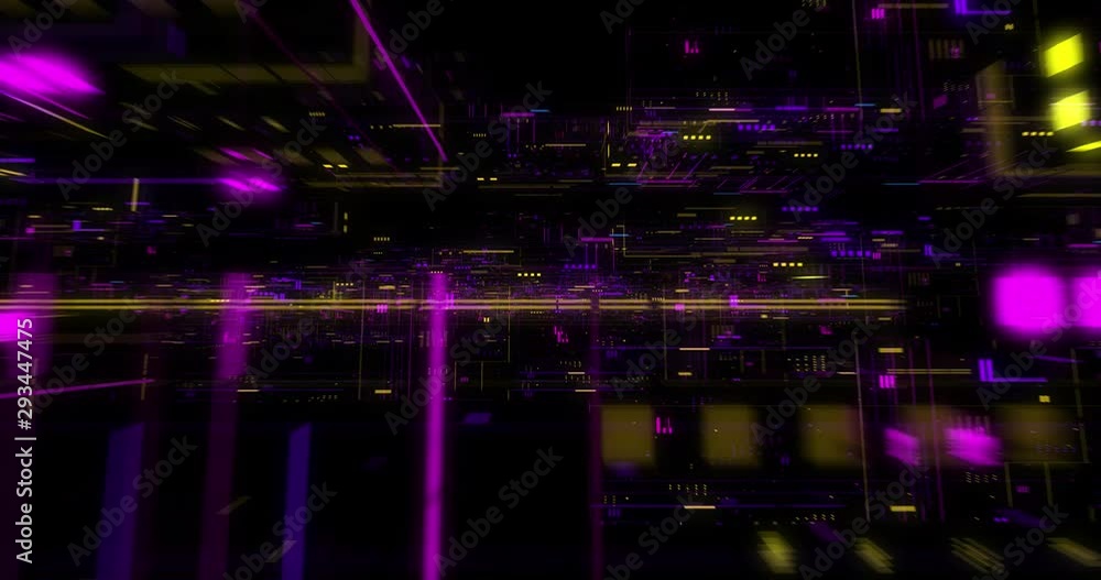 Poster seamless loop of abstract futuristic technological background, floating circuits, charts, digits ele