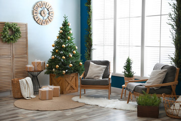 Beautiful interior with decorated Christmas tree in living room