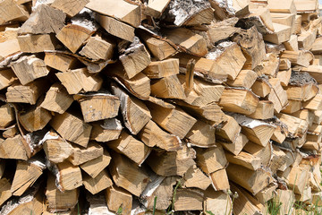 A log of birch firewood stacked in a pile. Firewood is harvested for the winter. Energy and fuel for fire and heating.