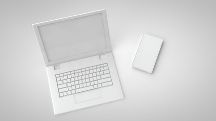 3d illustration. Empty laptop and blank smartphone. Monochrome background