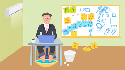 Illustration with a programmer dreaming of a summer holiday.