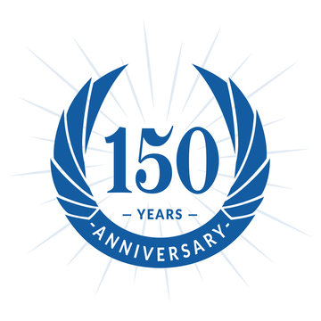 150th years anniversary celebration logo design. One hundred and fifty years logotype. Blue vector and illustration.