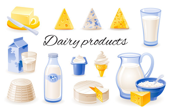 Milk dairy product icon set with cheese cheddar, brie, ricotta, yoghurt, butter, jar. Realistic 3d color glossy vector illustrations isolated on white background. Organic natural food design concept