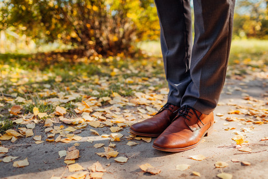 Businessman wearing shoes in autumn park. Brown leather classic footwear. Close up of legs