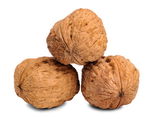 Close up of three hard walnut isolated on white background.