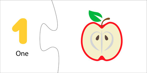 Number 1 and one apple. Children's math with numbers and fruits and berries. Account for preschoolers, toddlers, children. Puzzle game, collection