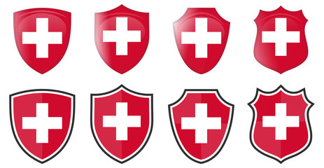 Obraz premium Switzerland flag in shield shape, four 3d and simple versions. Swiss icon / sign