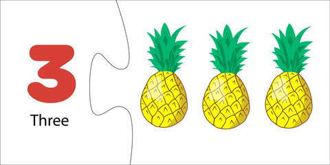 Number 3 and three pineapples. Children's math with numbers and fruits and berries. Account for preschoolers, toddlers, children. Puzzle game, collection