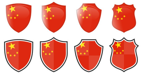 Vertical China flag in shield shape, four 3d and simple versions. Chinese icon / sign