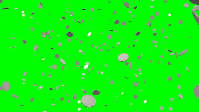 Falling silver coins on green background. 3d animation