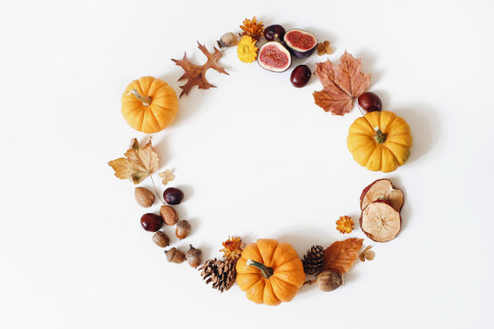 Autumn floral composition with orange pumpkins. Wreath of dry maple, oak leaves, flowers, acorns, fig and apple fruit. White table background. Fall, Halloween or Thanksgiving design.