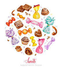 A set of sweets. Gingerbread. Chocolate candies. Watercolor illustrations.