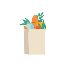Kraft paper shopping bag with fresh vegetables meal. Flat vector illustration organic and natural food. Nature packet isolated in white background.