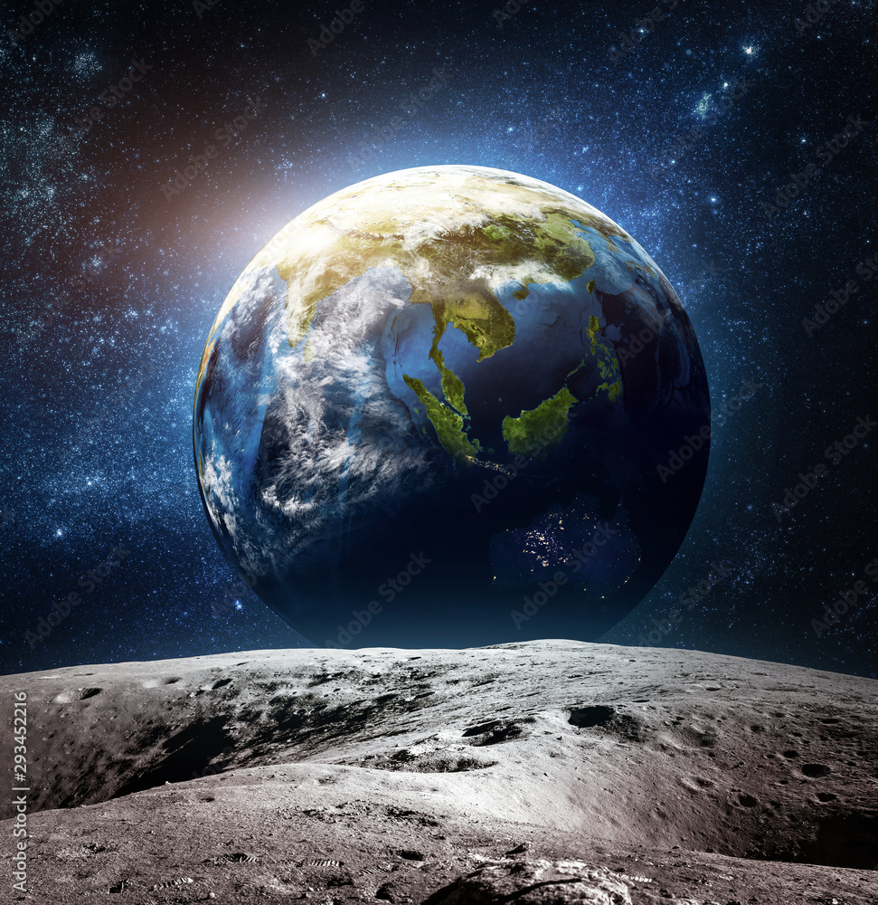 Wall mural moon surface and earth planet in the space. abstract collage. deep space. elements of this image fur