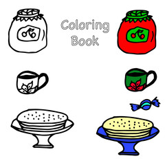 Doodle vector illustration. Icons for breakfast, ornament. Colored elements for logo, label, menu, cafe shop. Flat hand drawn items. Coloring book