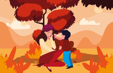 mother with son in autumn vector design