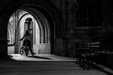 Girl next to city bicycle