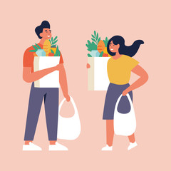 Vector illustration couple of young people carrying eco bags with purchases. Caring for the environment. Eco grocery shopping.