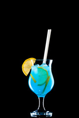 Glass of tasty summer cocktail on dark background