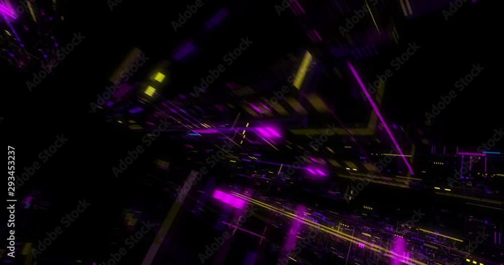 Poster seamless fly through of abstract circuitry with digital grid background, data deep learning computer