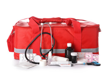 First aid kit on white background