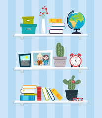 Shelves with books, photo frames, cactuses, boxes and globe in flat design style