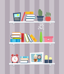 Three bookshelves with favorite books, watches, flowers, cactuses and candles. Vector illustration