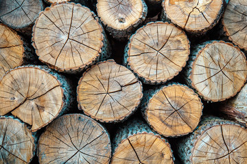 Fototapeta premium Wood burning stove. Firewood for furnace heating. Warehouse for firewood for stove.Natural wooden background - closeup of chopped firewood. Firewood stacked and prepared for winter Pile of wood logs