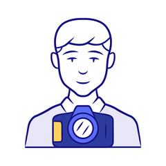 Photojournalist blue color icon. Photographer, paparazzi. Making snapshot. Professional media reporter. Journalist taking picture. Isolated vector illustration