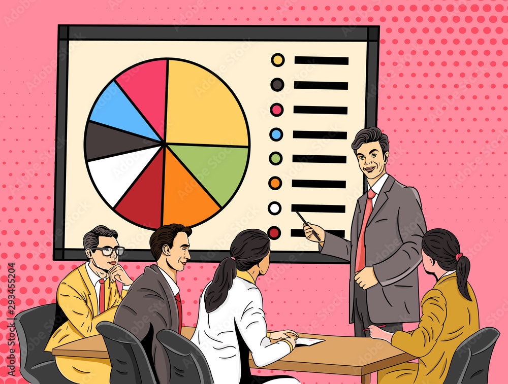 Aufkleber businessman giving a presentation using a pie chart on a screen to colleagues at the office seated a