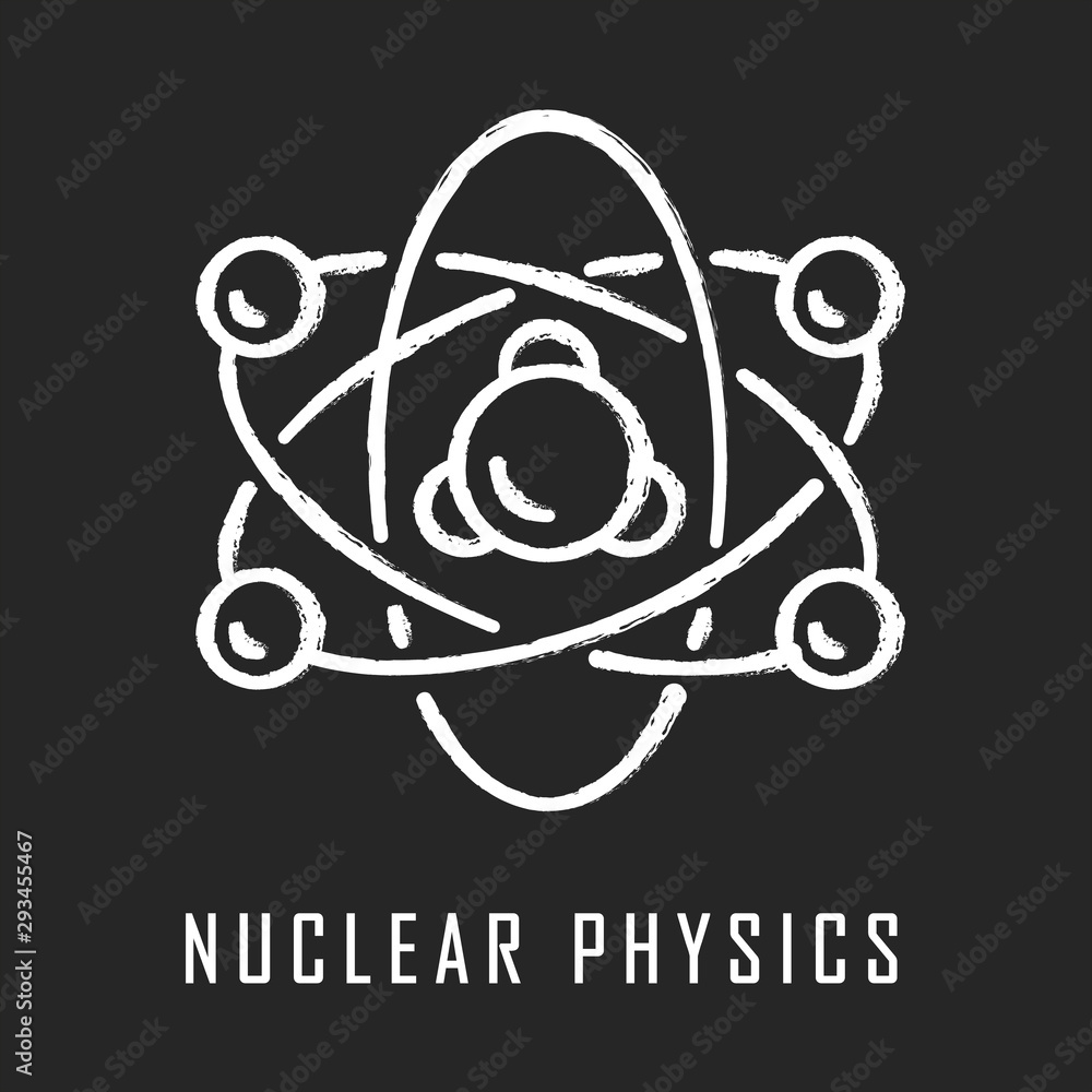 Poster nuclear physics chalk icon. atomic structure model. electrons, neutrons and protons. subatomic molec